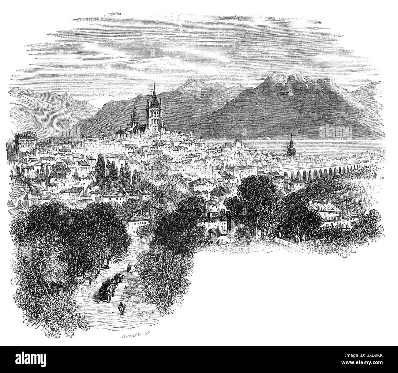 Losanna, Svizzera; xix secolo incisione di Whymper; Bianco e Nero illustrazione; Foto Stock