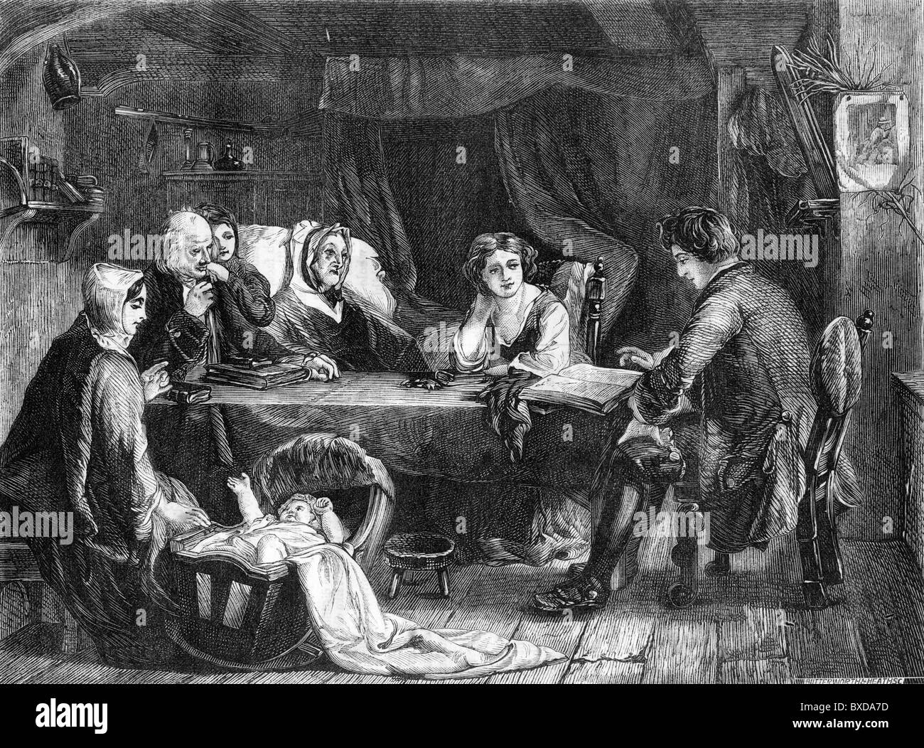 La preghiera in famiglia la lettura del XIX secolo scena nazionale; Bianco e Nero illustrazione; Foto Stock