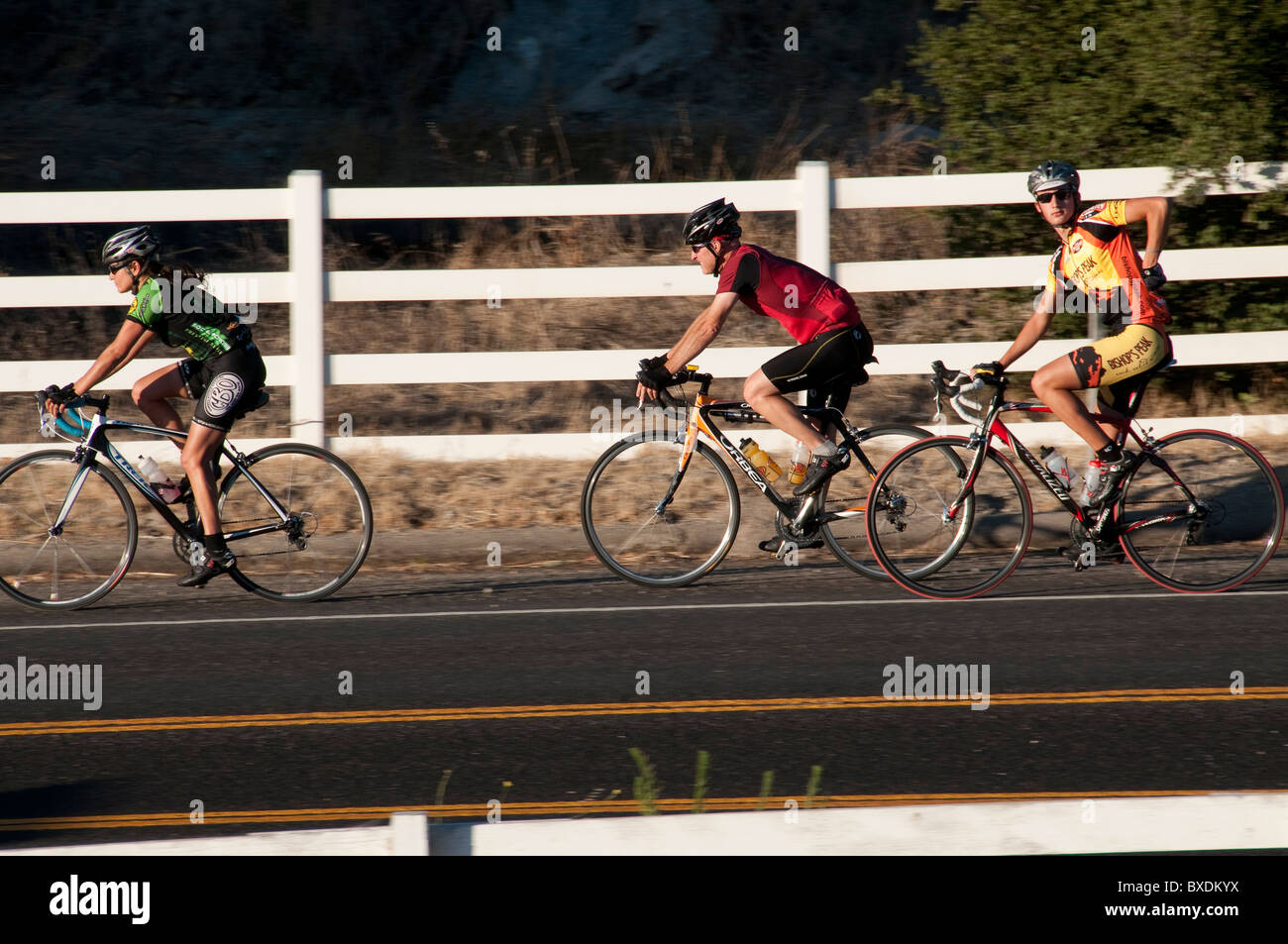 Ciclisti esercizio lungo una strada di campagna nei pressi di San Luis Obispo, CA. Foto Stock