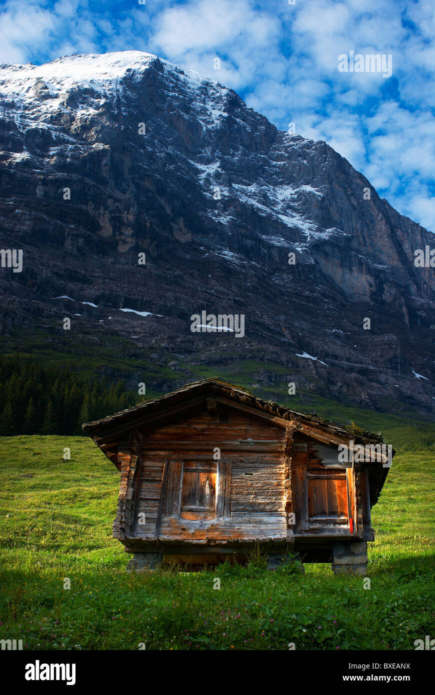 Vista dell'Eiger North Face e rifugio alpino in estate, Oberland bernese, Svizzera Foto Stock