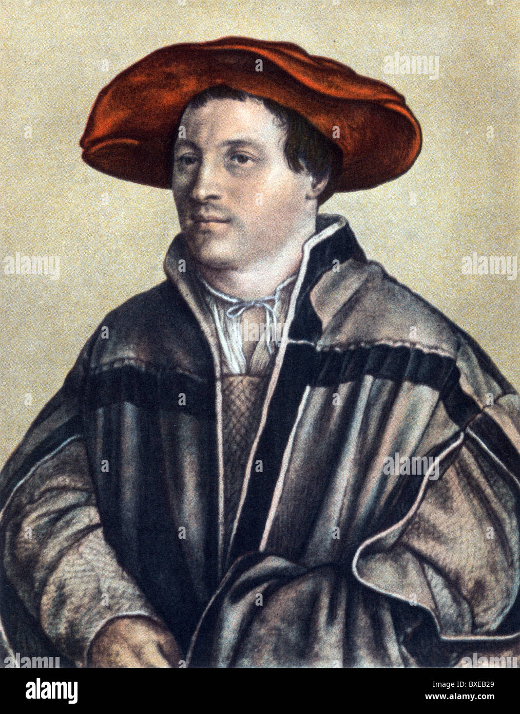 Schizzo di Hans Holbein il Giovane; autoritratto; l'artista all'età di 26; Illustrazione a colori; Foto Stock