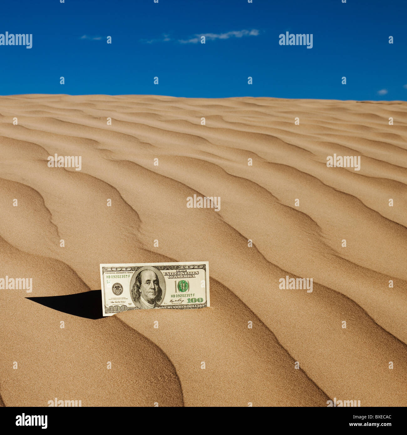 100 dollari sulla sabbia nel deserto Foto Stock