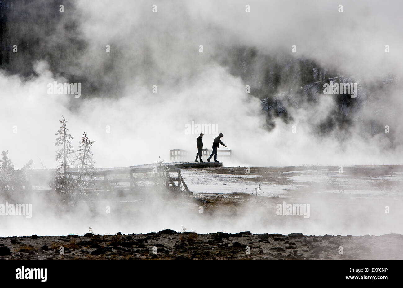 I turisti sul lungomare, camminando attraverso le nuvole di vapore per visitare i geyser presso il Parco Nazionale di Yellowstone Foto Stock