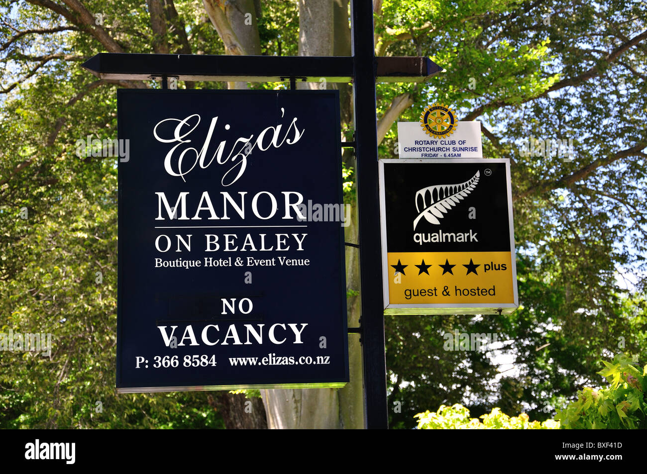 Eliza's Manor Hotel Boutique sulla Bealey segno, Bealey Avenue, Christchurch, Canterbury, Isola del Sud, Nuova Zelanda Foto Stock
