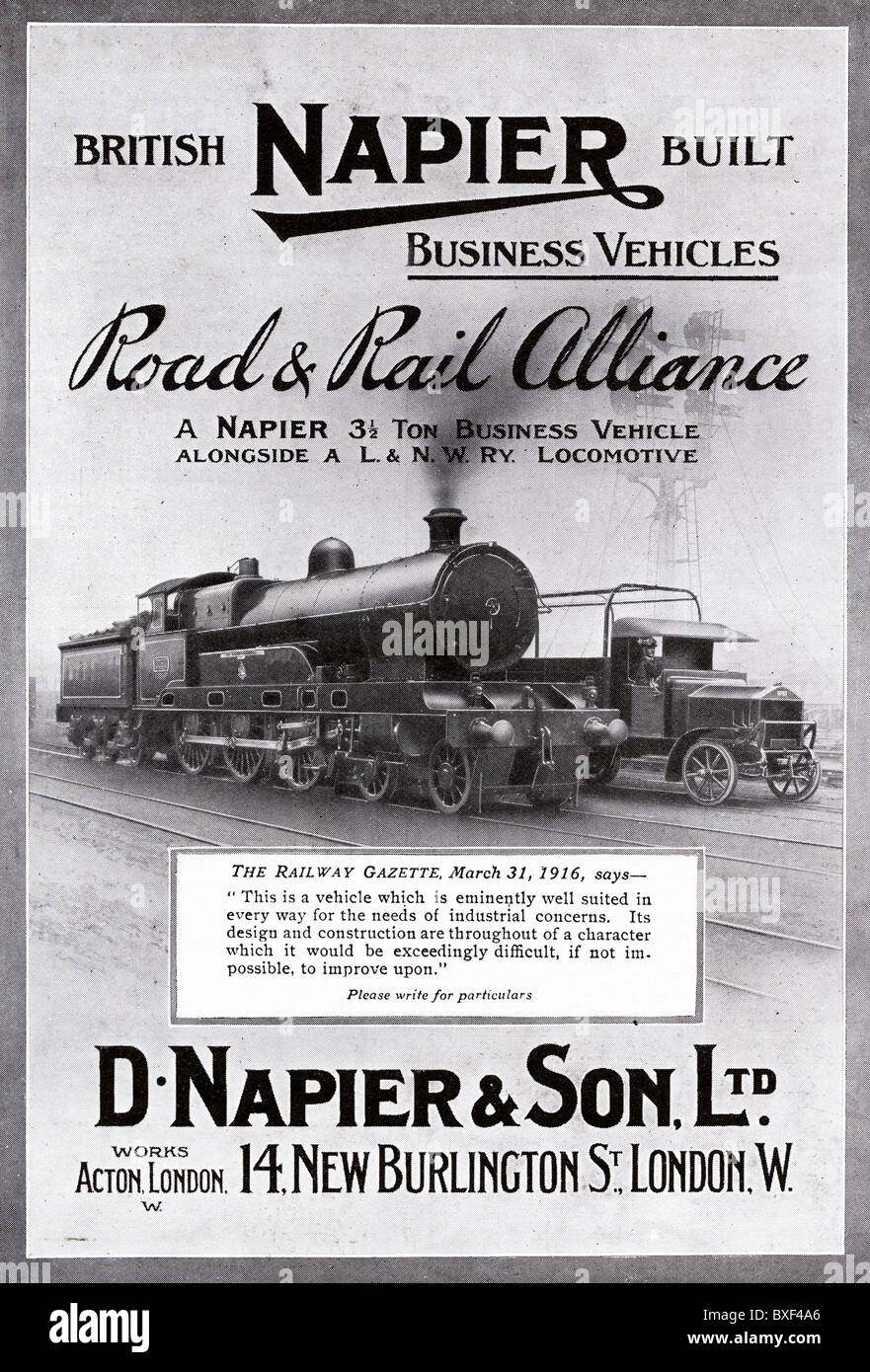 1916 Annuncio per Napier British costruita su strada e rotaia di trasporto business veicoli fabbricati in Acton West London Foto Stock
