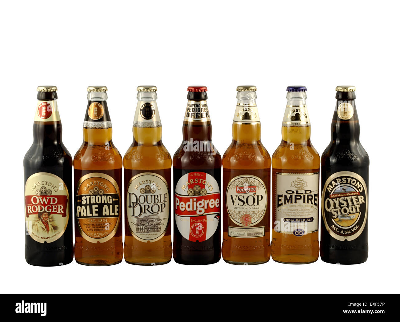 Una selezione di birre dalla Marston's Brewery, Burton upon Trent, Staffordshire Foto Stock