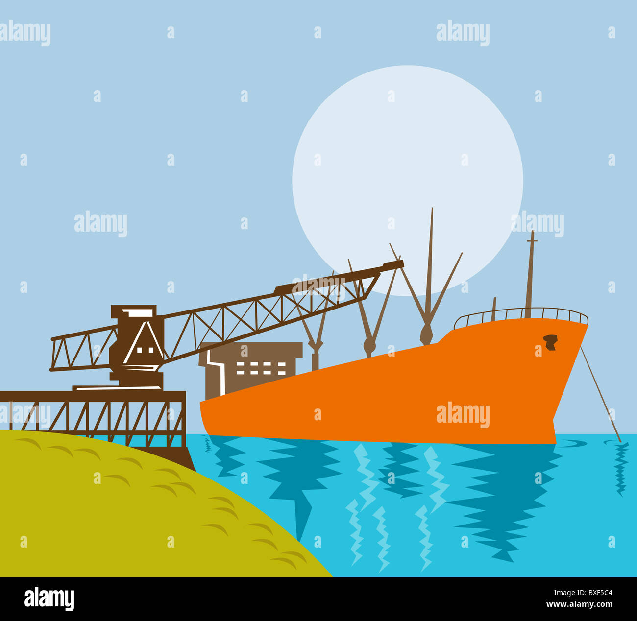 Illustrazione di una gru con carico di un container nave barca nel porto di dock con una luna su uno sfondo blu in stile retrò Foto Stock