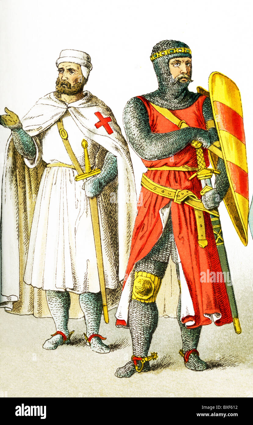Le figure qui rappresentate sono gente inglese intorno A.D. 1200. Essi sono, da sinistra a destra: un cavaliere templare e un cavaliere. Foto Stock