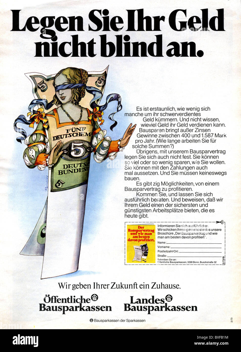 Pubblicità, denaro / finanza, pubblicità per il risparmio domestico e associazione di prestito, dalla rivista 'Bunte', n° 15, 5.4.1973, Germania, diritti aggiuntivi-clearences-non disponibile Foto Stock