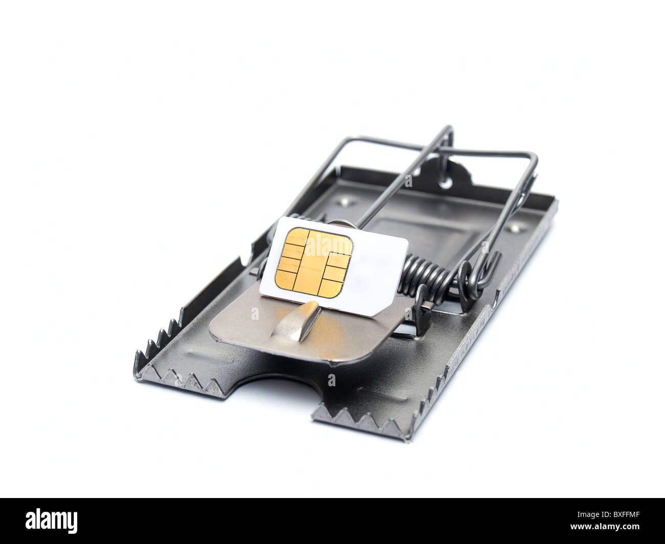 Scheda SIM sul mousetrap isolato su uno sfondo bianco. Foto Stock