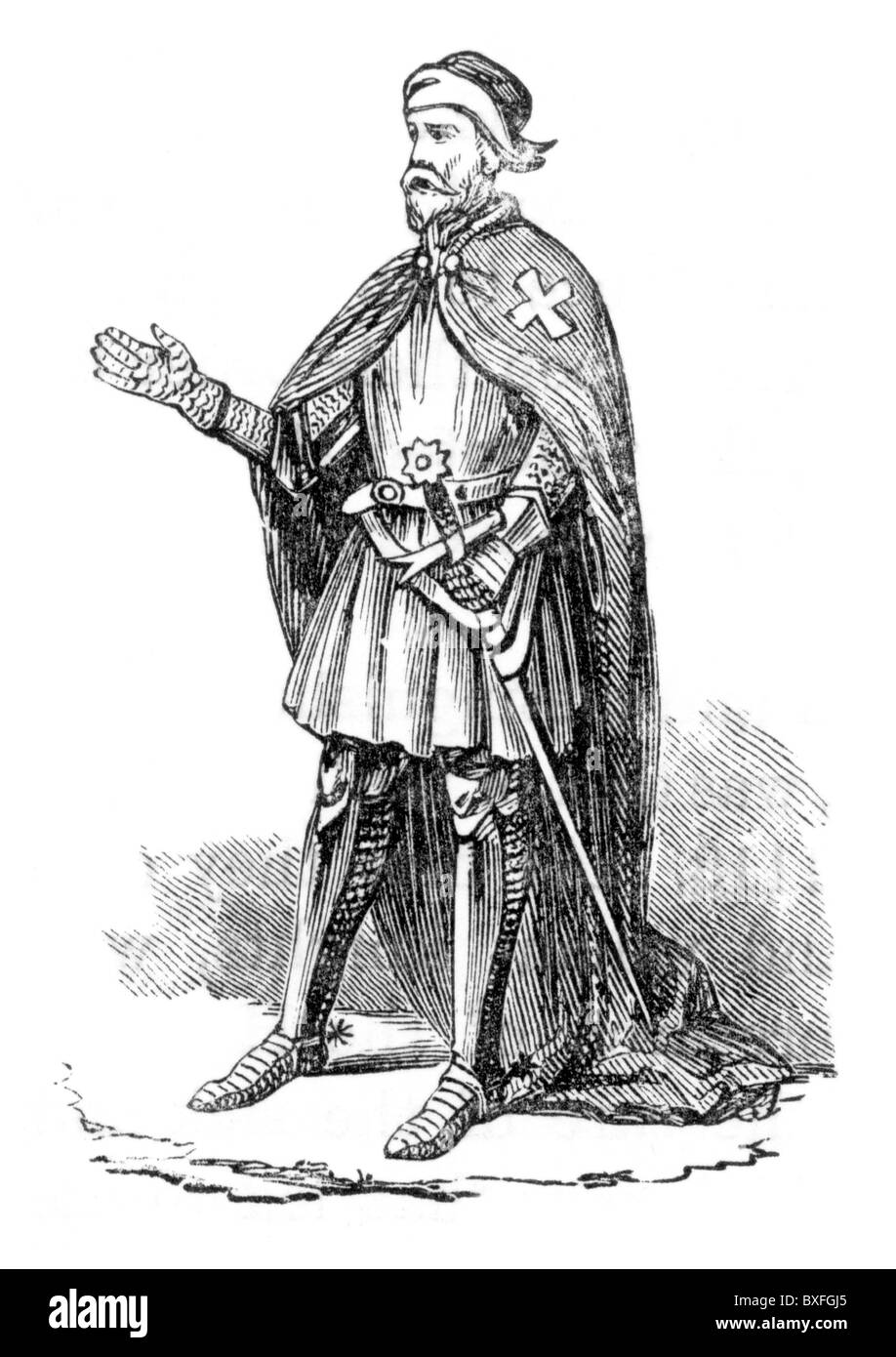 Un cavaliere Hospitaler, XII secolo; Bianco e Nero illustrazione; Foto Stock