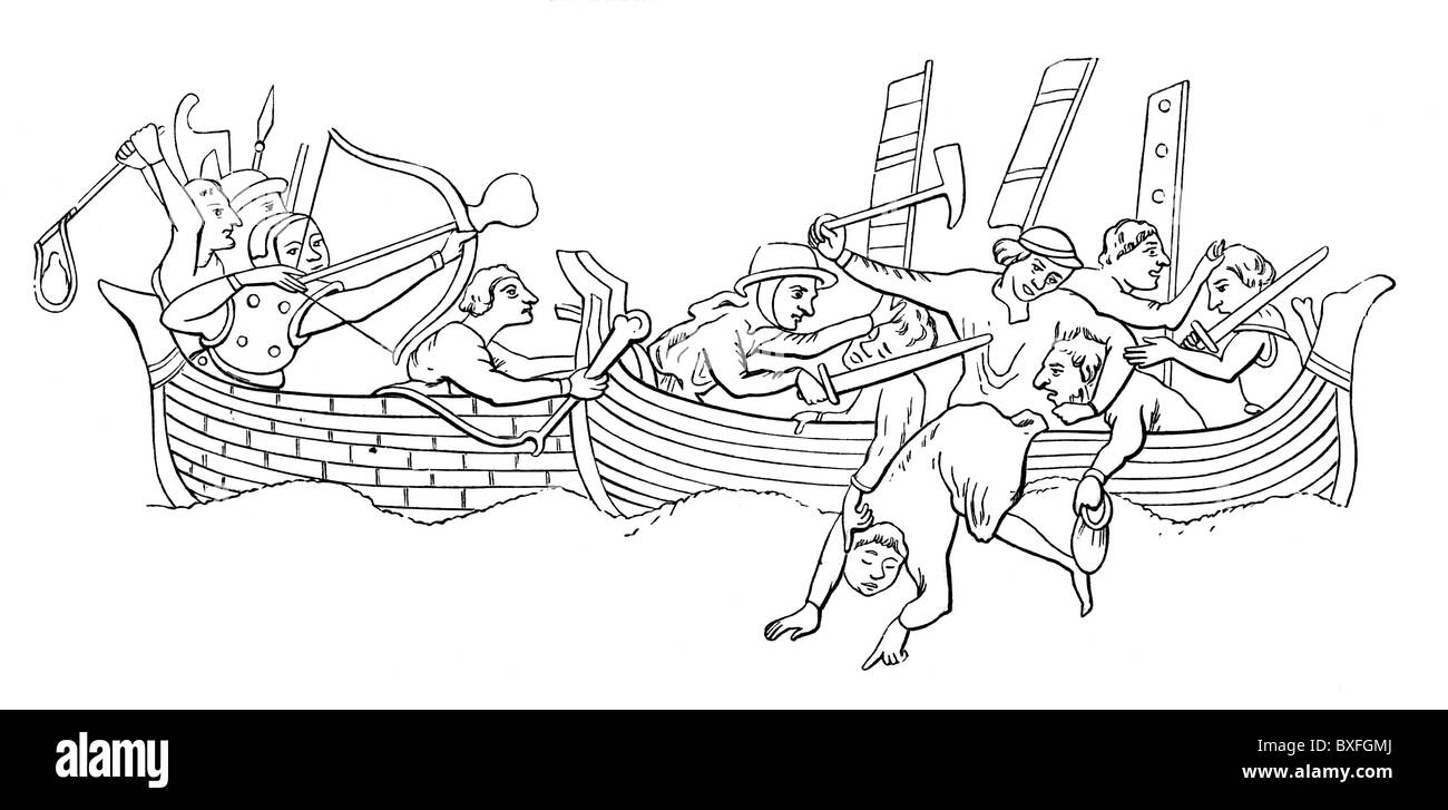 Xiii secolo; mare battaglia dopo Matteo Parigi; Bianco e Nero illustrazione; Foto Stock