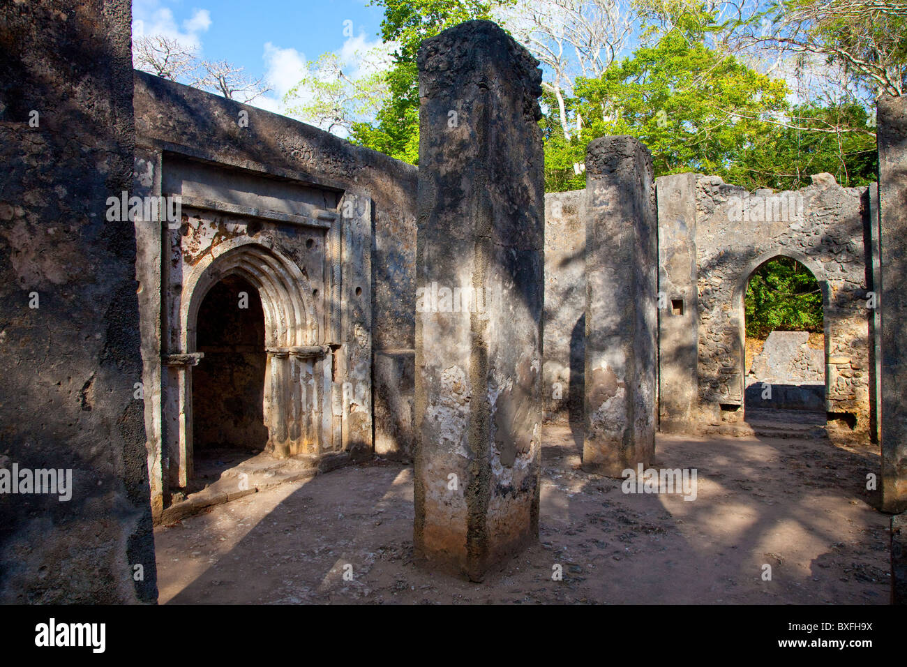 Rovine della moschea di Gedi o Gede, la storica città swahili Watamu, Kenya Foto Stock
