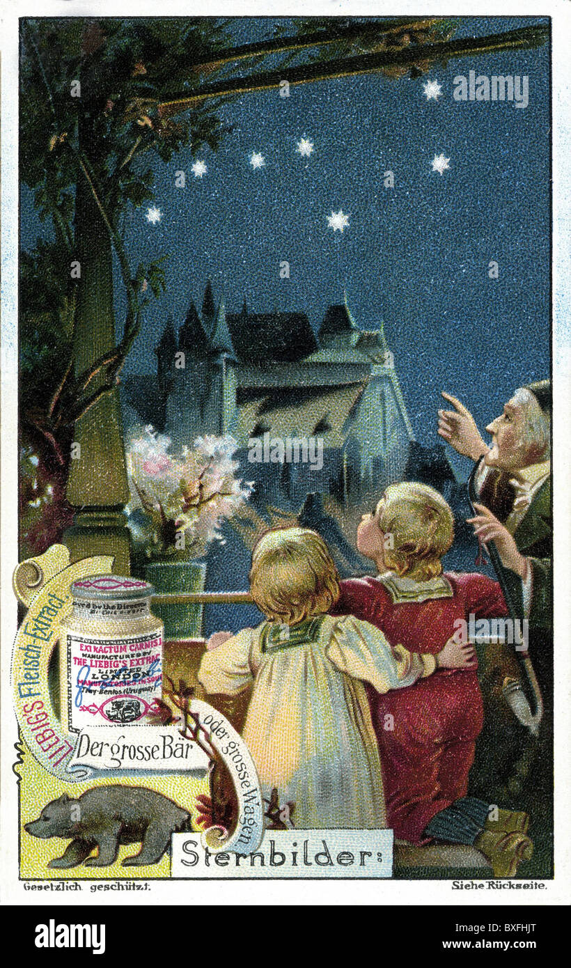 Astronomia, costellazioni, nonno che mostra ai suoi nipoti la costellazione Ursa maggiore (Gran Orso), illustrazione, annuncio per Liebig Fleisch-Extract (estratto di carne), Germania, circa 1900, diritti aggiuntivi-clearences-non disponibile Foto Stock