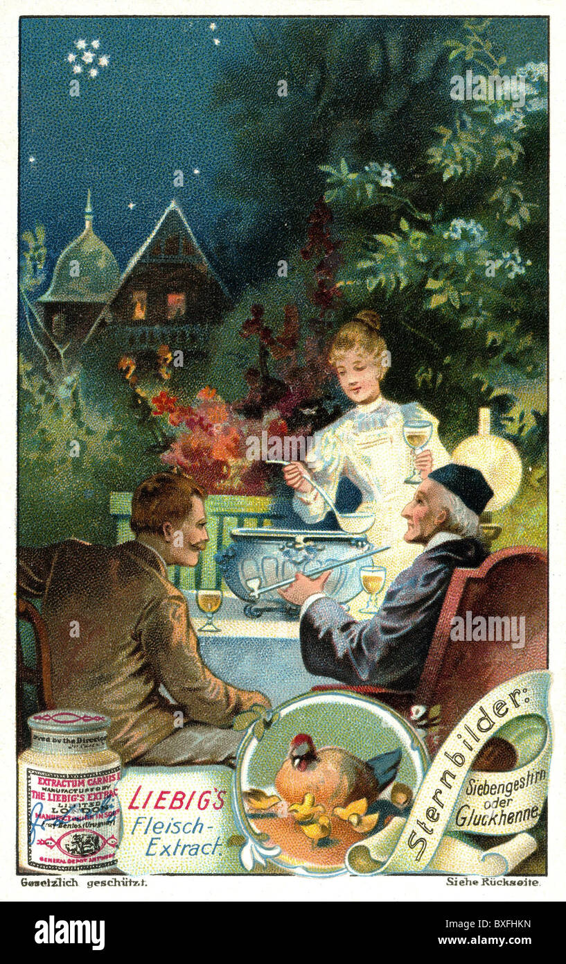 Astronomia, costellazioni, punch bevente famiglia sul patio, nel cielo stellato sopra di loro la costellazione Pleiades, pubblicità per Liebig Fleisch-Extract (estratto di carne), Germania, circa 1900, Additional-Rights-Clearences-non disponibile Foto Stock