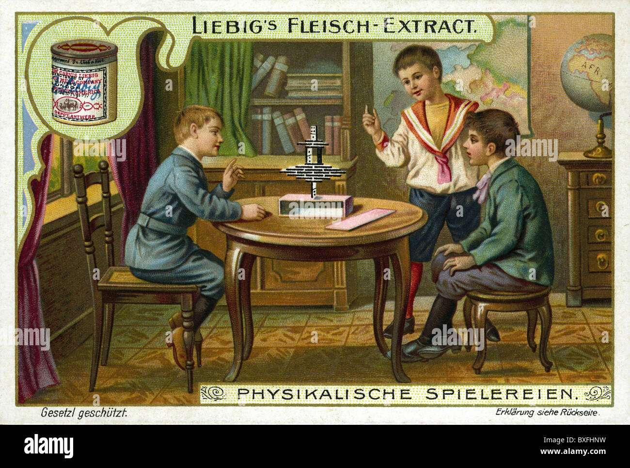 Gioco, bambini che fanno un esperimento fisico, pubblicità, foto da collezione, Liebig società, Germania, circa 1899, Additional-Rights-Clearences-non disponibile Foto Stock