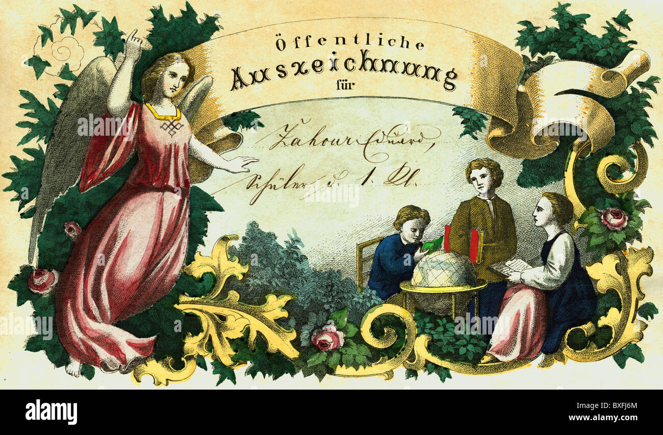 Istruzione, scuola, menzione pubblica per gli alunni di primo grado, Germania, litografia, colorata, circa 1845, diritti aggiuntivi-clearences-non disponibile Foto Stock