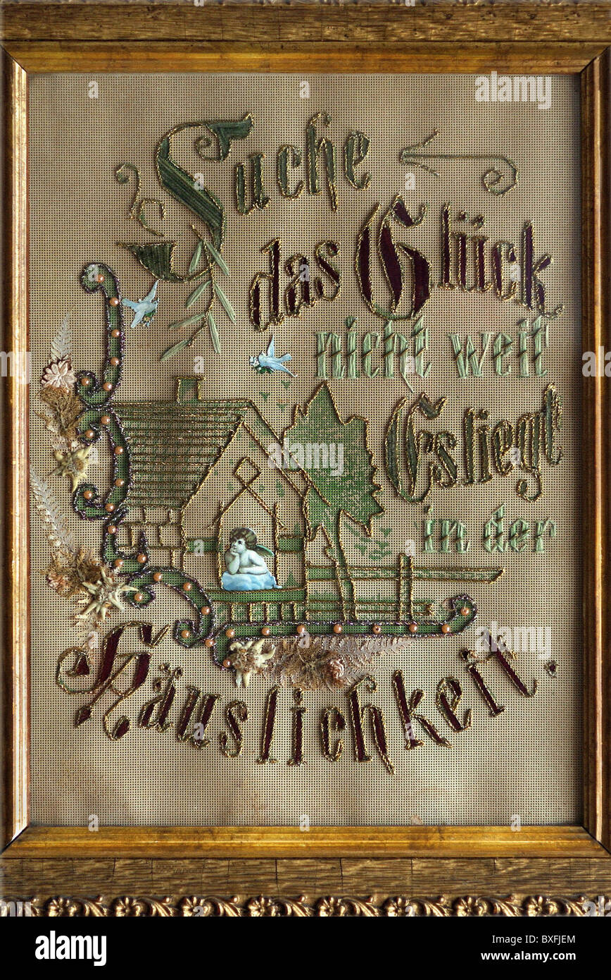 Simboli, fortuna, motto sul ricamo, Feldkirchen, Baviera, circa 1900, diritti aggiuntivi-clearences-non disponibile Foto Stock