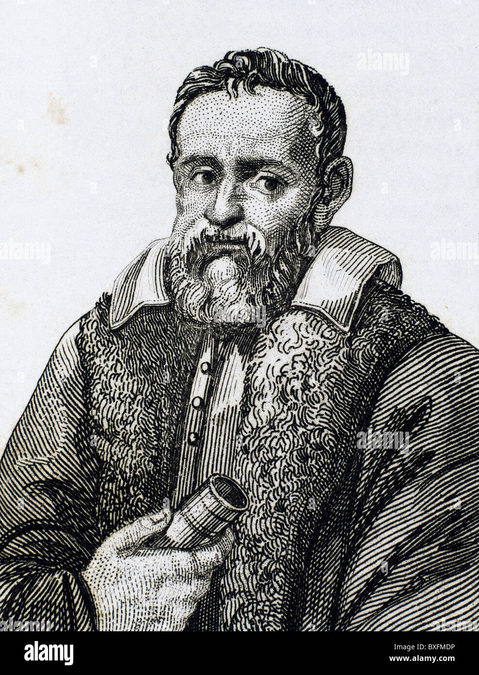 Galileo Galilei (1564-1642). Fisico italiano, matematico e astronomo. Incisione. Foto Stock