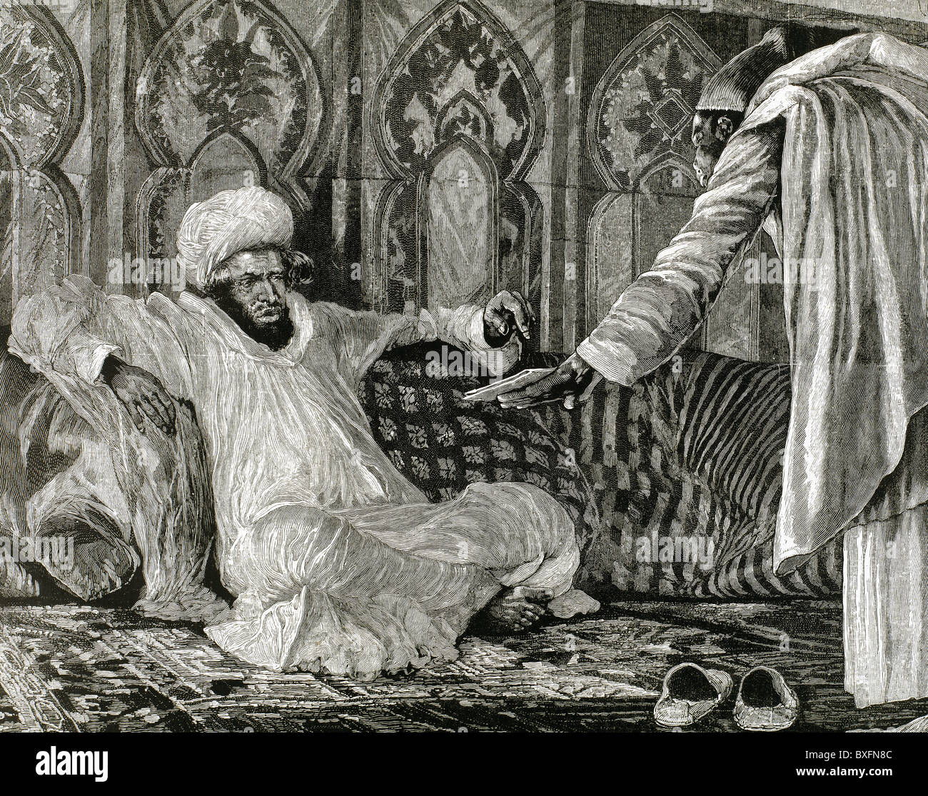 Hassan I (1836-1894). Il sultano del Marocco tra il 1873 e il 1894, membro della dinastia Alaouite. Il sultano riceve una spedizione. Foto Stock