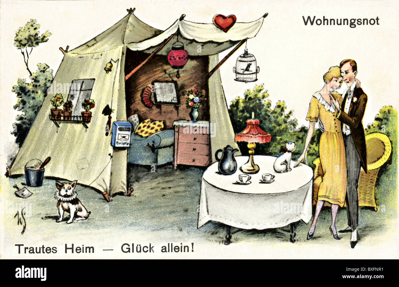 Kitsch, biglietti di auguri, grave carenza di alloggi, la mia casa è il mio castello, coppia felice fuori da una tenda, Germania, circa 1927, diritti aggiuntivi-clearences-non disponibile Foto Stock