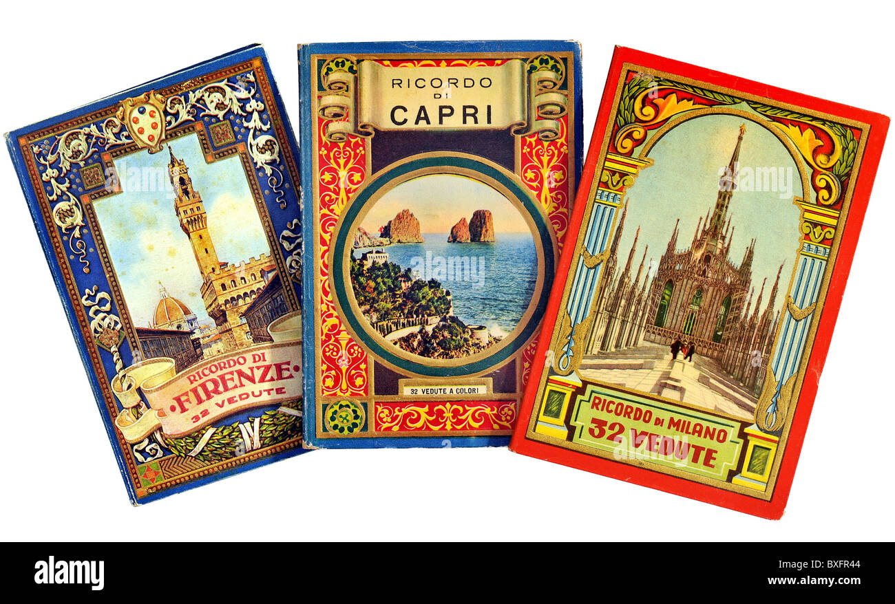 Letteratura, letteratura di viaggio, ricordo di Firenze, 32 Vedute, tre guide turistiche, Firenze, Capri, Milano, Italia, circa 1926, diritti aggiuntivi-non disponibili Foto Stock