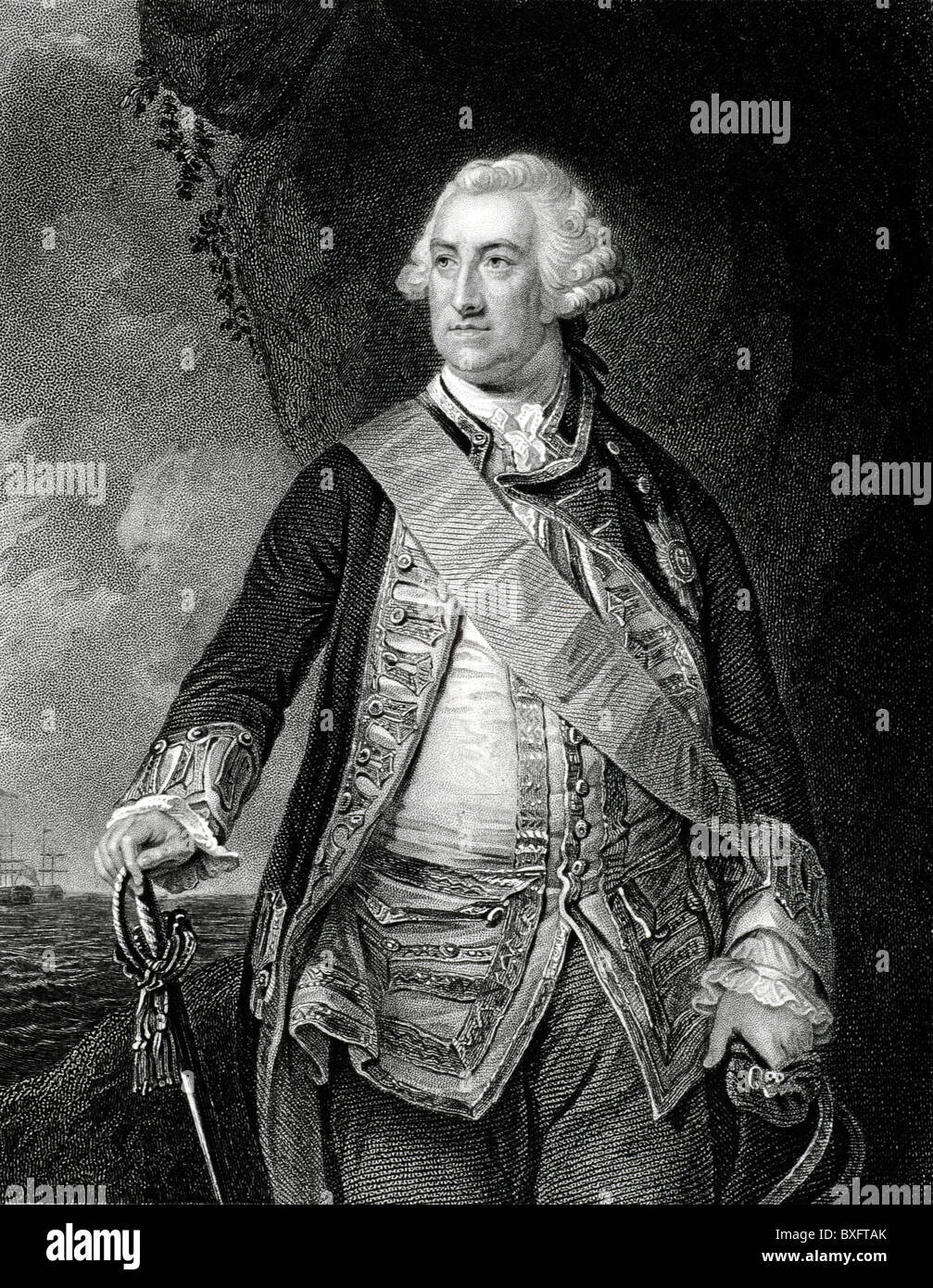 Ritratto dell'ammiraglio Edward Hawke (1705-1781), primo barone Hawke, British Naval o Royal Navy Officer, primo Signore dell'Ammiragliato, Gran Bretagna. Illustrazione o incisione vintage Foto Stock