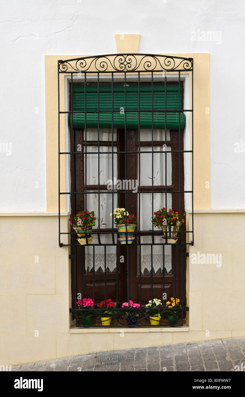 Una finestra che si affacciava su una strada di Nijar, Almeria, Spagna. Un certo numero di vasi per piante sono stati usati per decorare la finestra. Foto Stock