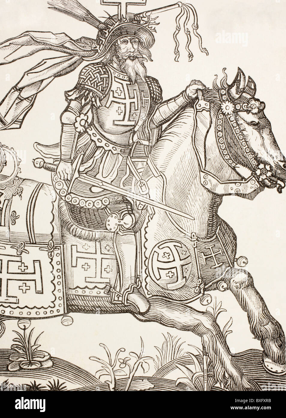 Cavaliere Templare Sul Suo Cavallo Pronto Per La Battaglia. Al Tempo Delle Crociate Mano Incisione Colorata C 1847 Versione Del Xiv 83329895