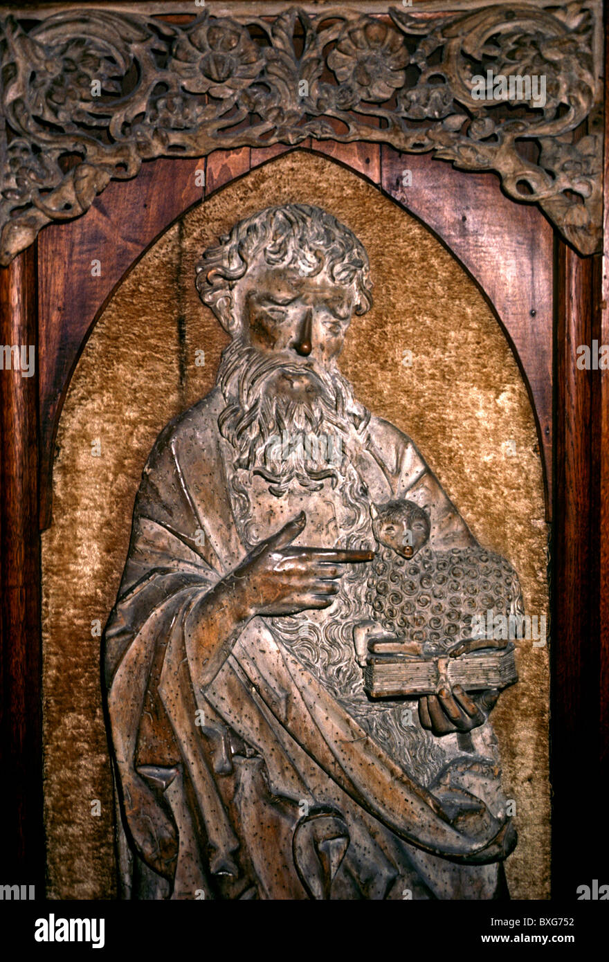 San Giovanni Battista, di san Giovanni Battista, tardo XV secolo, la scultura in legno, legno scolpito, la cattedrale di Notre-dame museum, Strasburgo, Alsazia, Francia, Europa Foto Stock