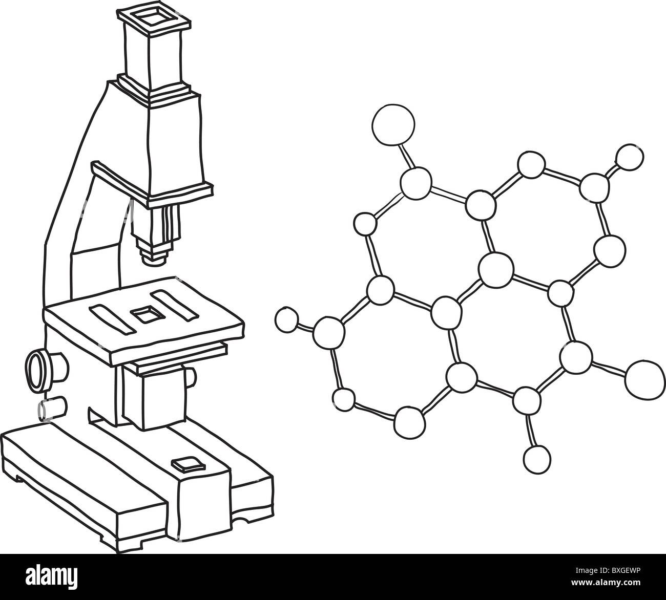 Microscopio e chemstry cose nella illustrazione Foto Stock