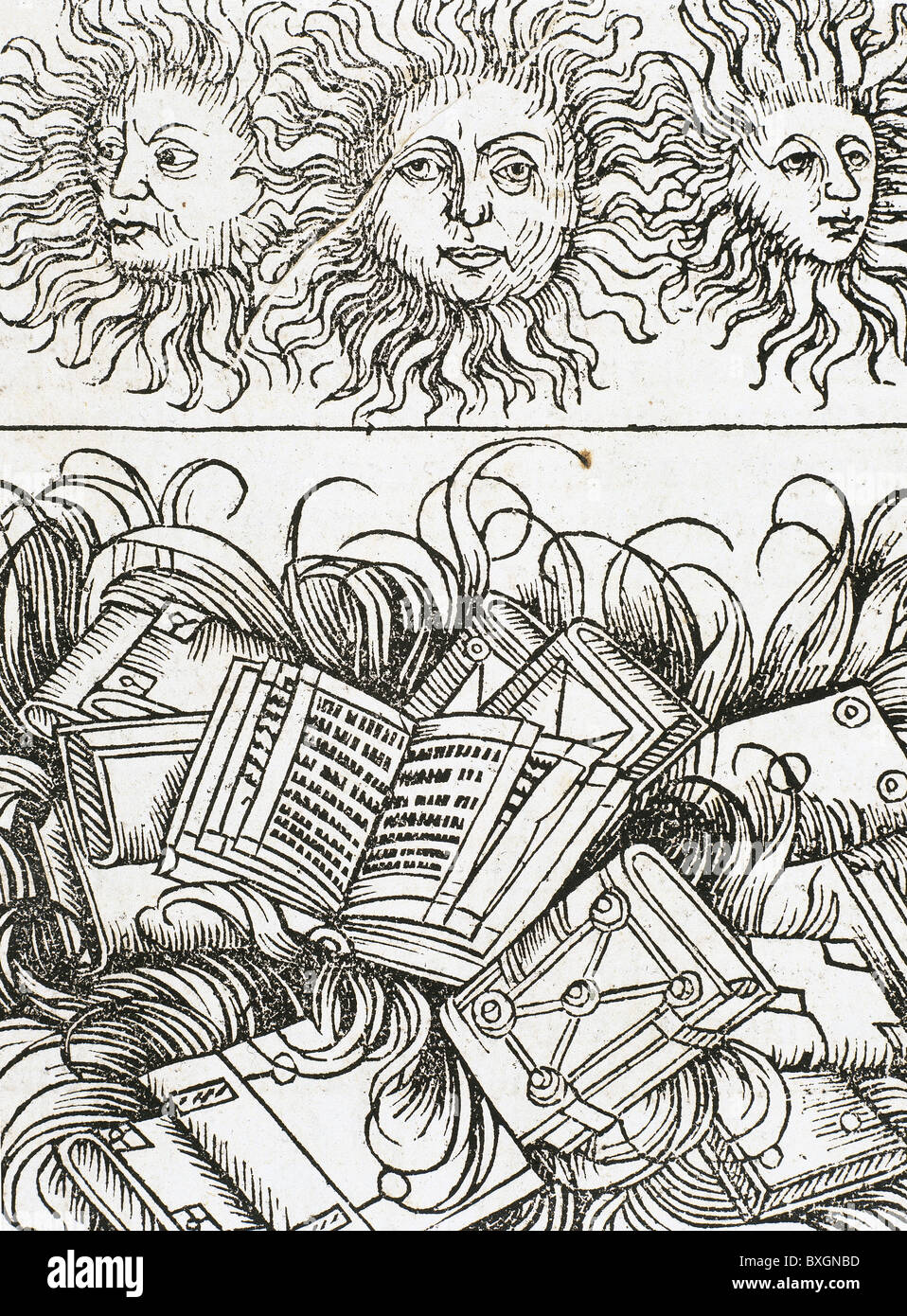 La masterizzazione di libri della biblioteca di Alessandria (I secolo a.C.). Incisione. 16 secolo. Foto Stock