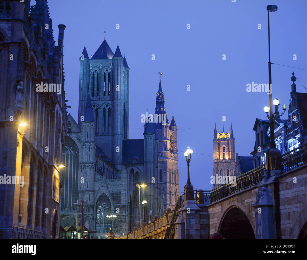 Le tre torri di notte, Gand, Fiandre Orientali, Belgio Foto Stock