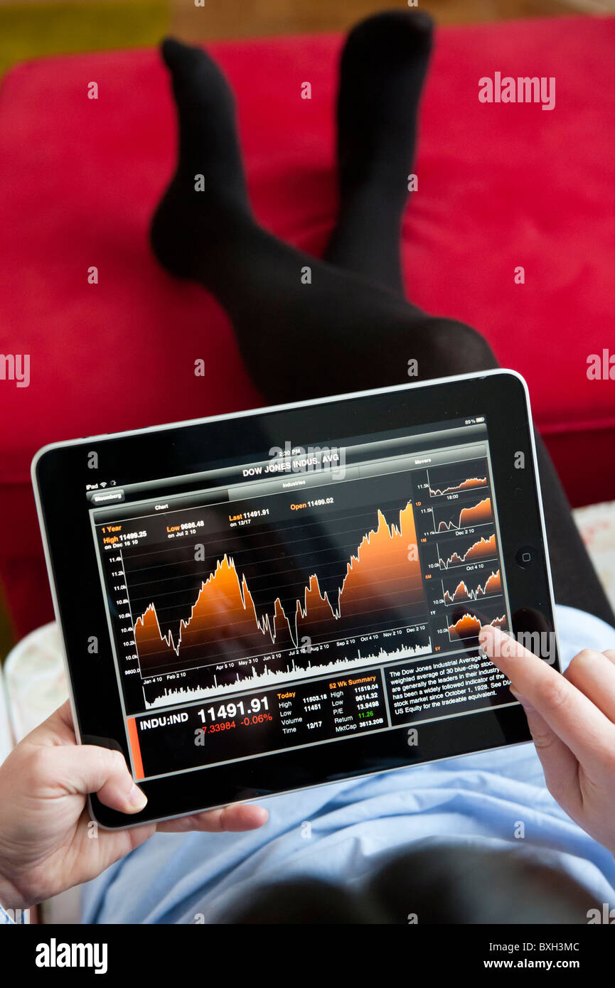 Donna di controllo dati finanziari sul mercato Bloomberg Finanza e applicazione su un computer tablet iPad Foto Stock