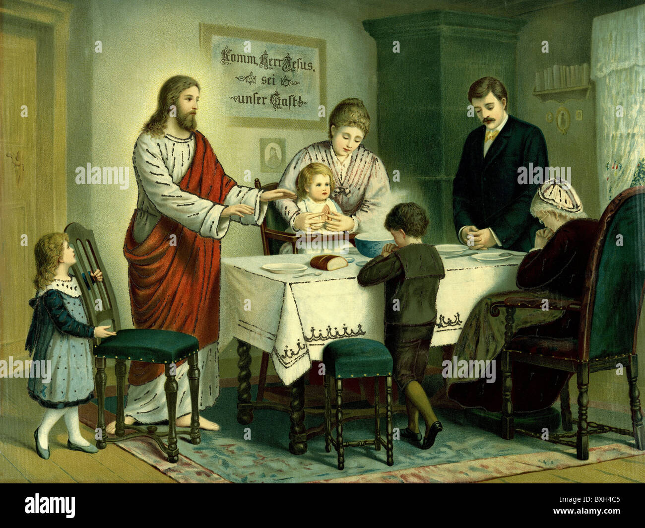 Religione, cristianesimo, illustrazione: Gesù Cristo è presente e benedice il pane mentre una famiglia che dice una grazia, litografia, Germania, circa 1890, diritti aggiuntivi-clearences-non disponibile Foto Stock