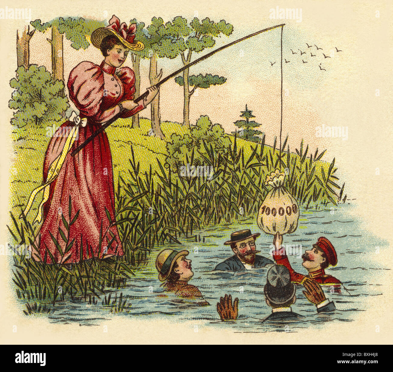 Caricatura, donna sta pescando per un uomo ricco, Germania, litografia, 1900, diritti aggiuntivi-clearences-non disponibile Foto Stock