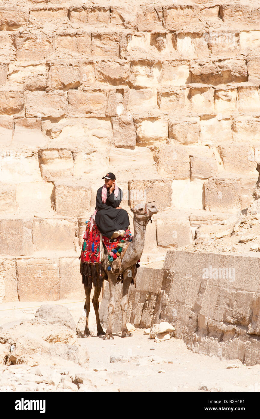 Egitto Giza. Uomo a cavallo sul cammello presso le Grandi Piramidi a Giza necropoli. Foto Stock