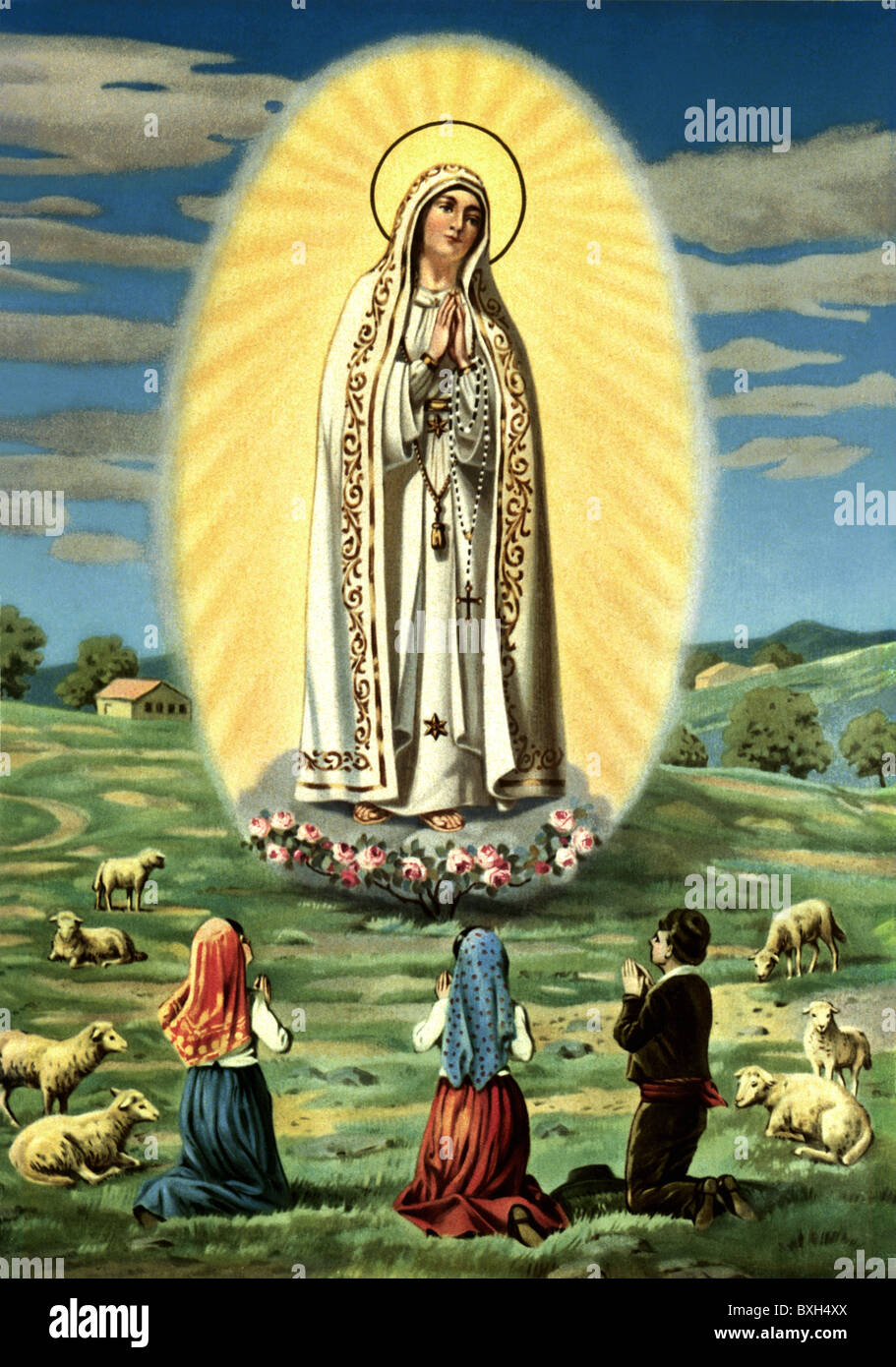 Religione, Cristianesimo, apparizione mariana di Fatima, tre figli pastorali Jacinta Francisco e Lucia, murale, Portogallo, circa 1932, diritti aggiuntivi-clearences-non disponibile Foto Stock