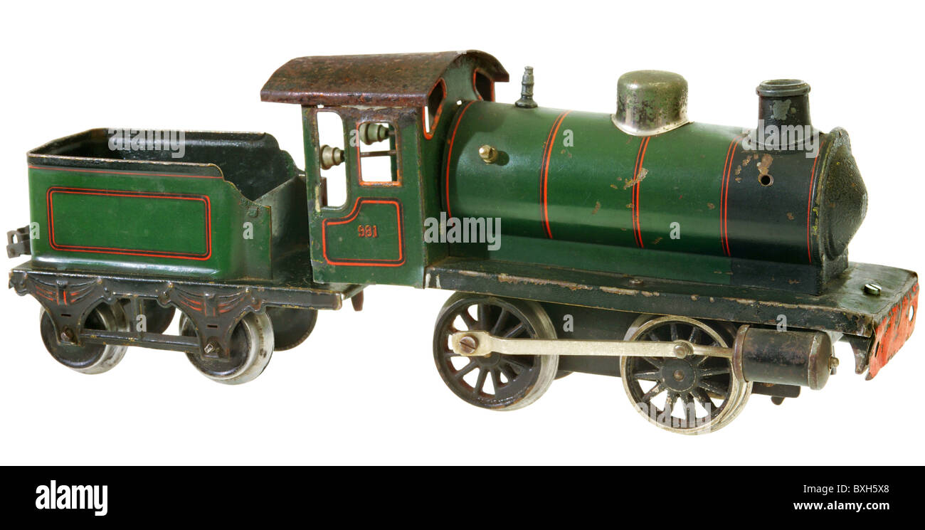 Giocattoli, ferrovia modello, locomotiva Maerklin, tipo 981, pista 1, Germania, 1924, storico, storico, anni venti, 20, 20 ° secolo, lavorazione a orologeria, movimento, motore, treno, trazione, potenza a vapore, antichità, antichità, giocattolo, made in Germany, clipping, ritaglio, ritaglio, ritaglio, diritti aggiuntivi-clearences-non disponibili Foto Stock