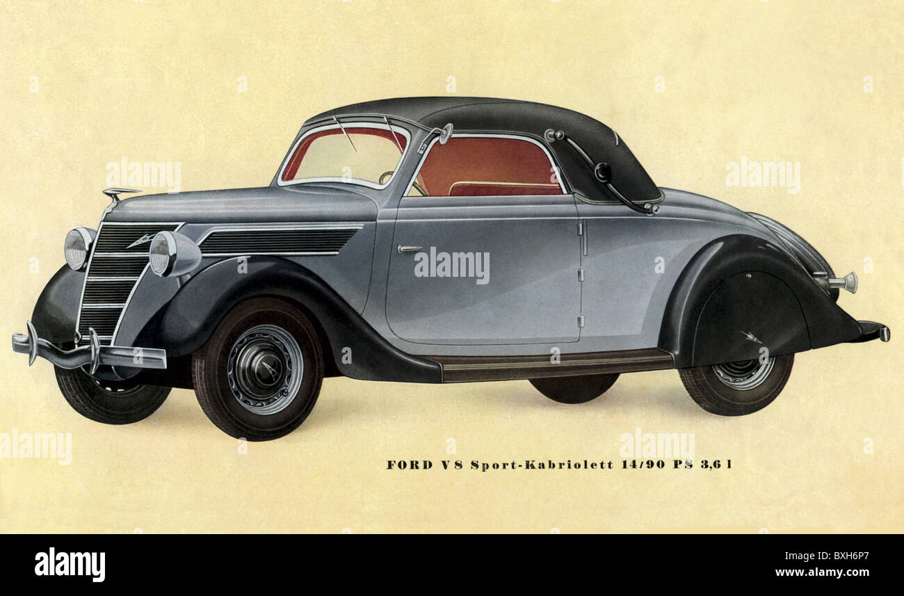 Trasporti / trasporto, auto, varianti di veicoli, Ford, V8, Sport convertibile 14/90 HS 3,6 l, brochure degli impianti di Colonia Ford, Colonia, Germania, 1936, 1930, 30s, XX secolo, storico, auto, auto, auto, automobili, automobili, convertibili, cabriolet, cabriolet, otto cilindri, modello a due porte, chiuso, chiuso, elegante, eleganza, diritti aggiuntivi non disponibili Foto Stock