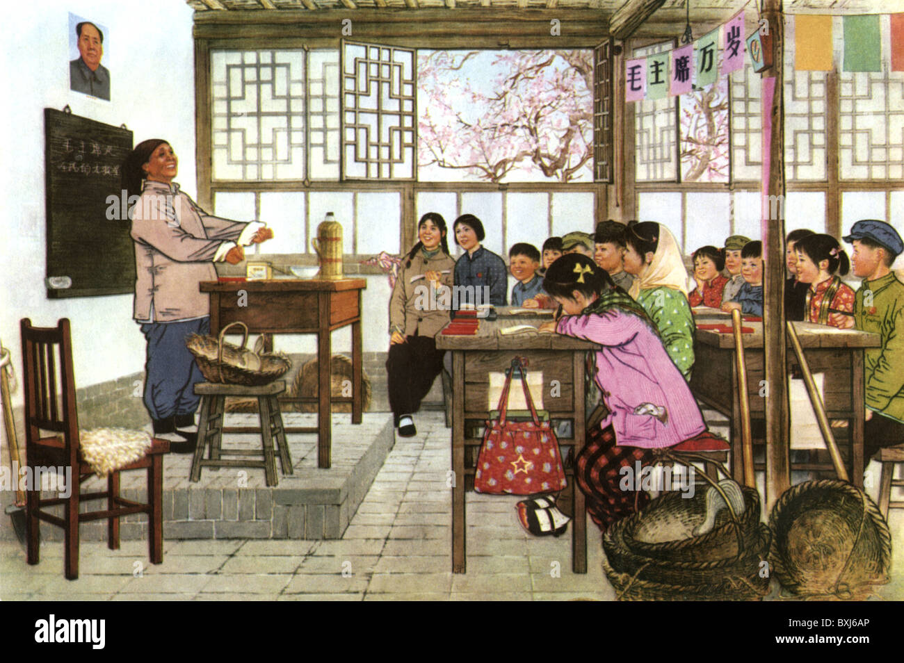 Istruzione, scuola, classe scolastica cinese durante una lezione, illustrazione, Cina, 1973, Additional-Rights-Clearences-non disponibile Foto Stock