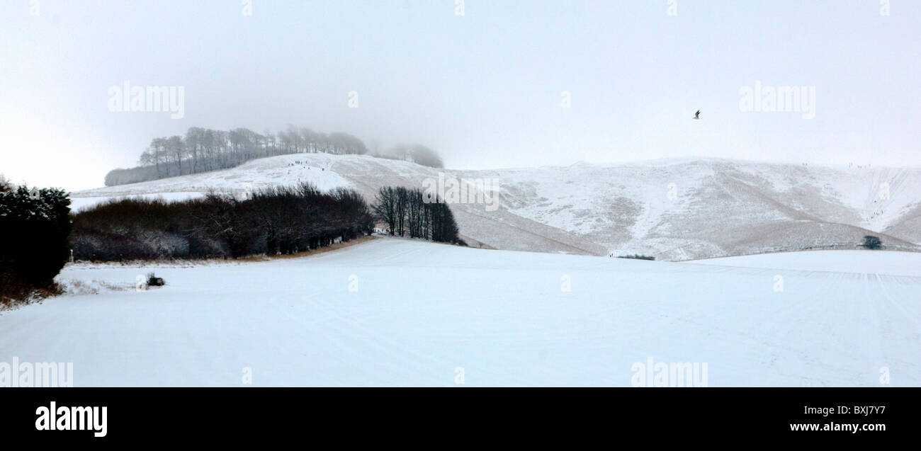 Il Cherhill White Horse, nel Wiltshire, intagliato in Chalk hillside a Oldbury Castello, qui principalmente oscurate dalla neve Foto Stock