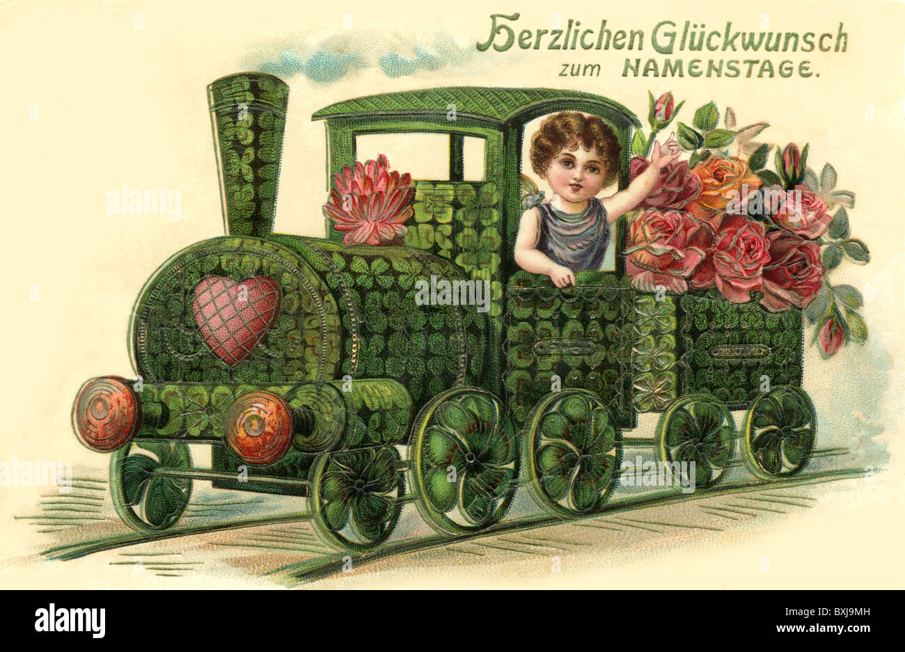 Kitsch, hokum, biglietti d'auguri, auguri per il giorno del nome, locomotiva con fiori e foglie di trifoglio, Germania, circa 1906, diritti aggiuntivi-clearences-non disponibile Foto Stock