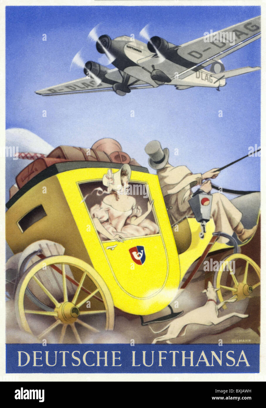 Pubblicità, trasporto, pubblicità cartolina della Lufthansa tedesca, mail pullman e aereo, Germania, circa 1940, diritti-aggiuntivi-clearences-non disponibile Foto Stock