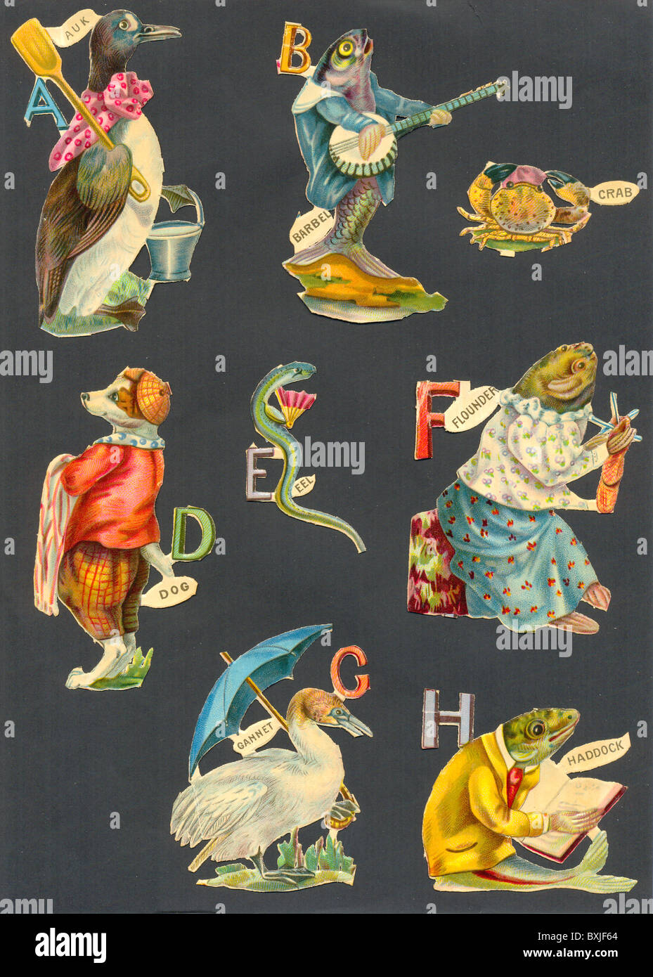 Chromolithographed die tagliare sfridi di alfabeto Foto Stock