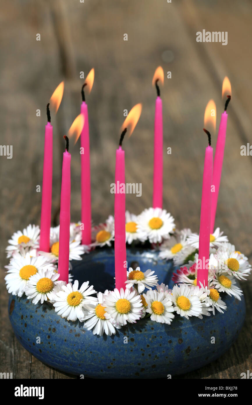 Decorazione di compleanno con margherite e candele rosa Foto Stock