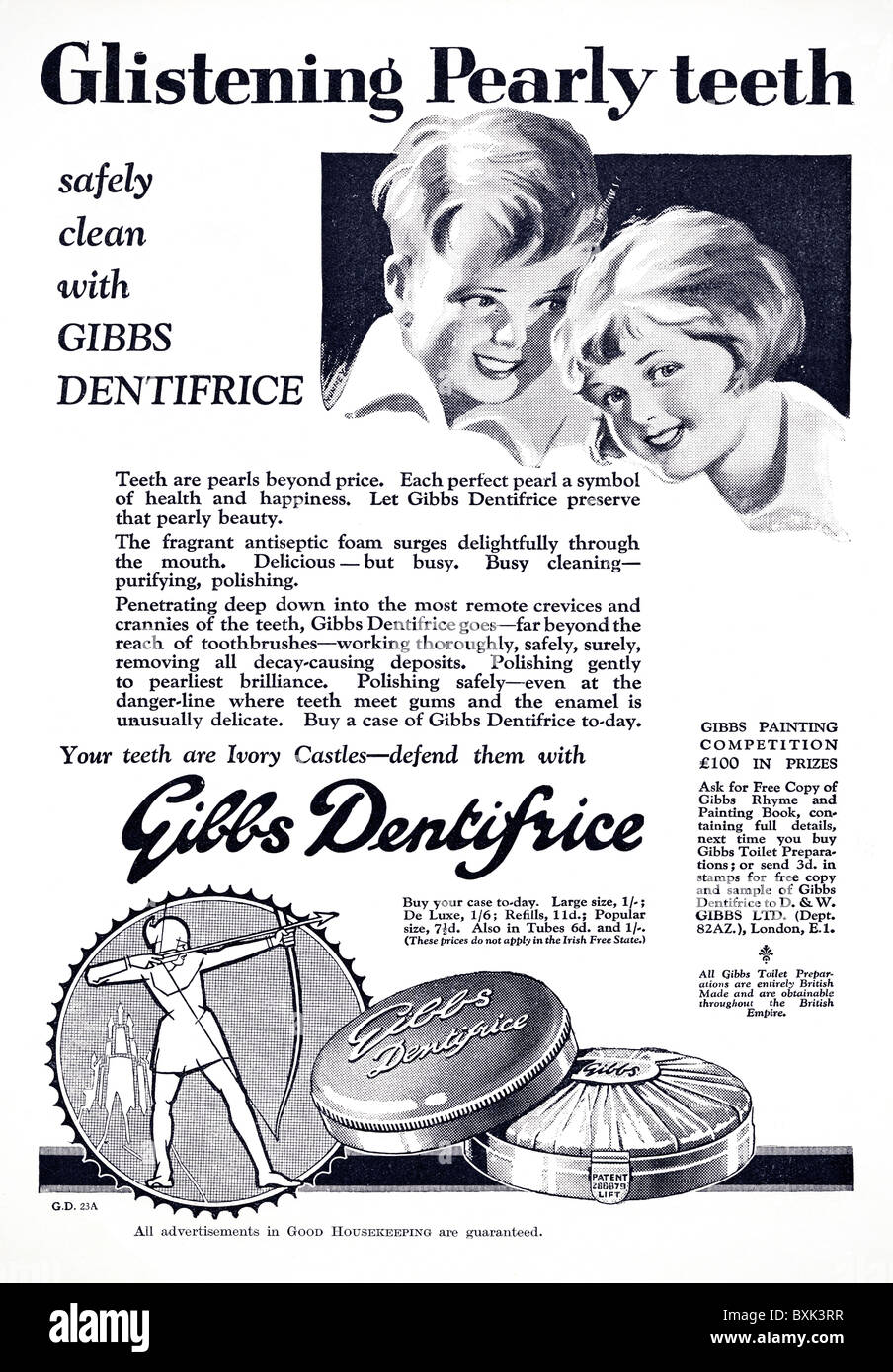 Pagina piena inserzione per Gibbs dentifricio in rivista femminile circa 1929 Foto Stock