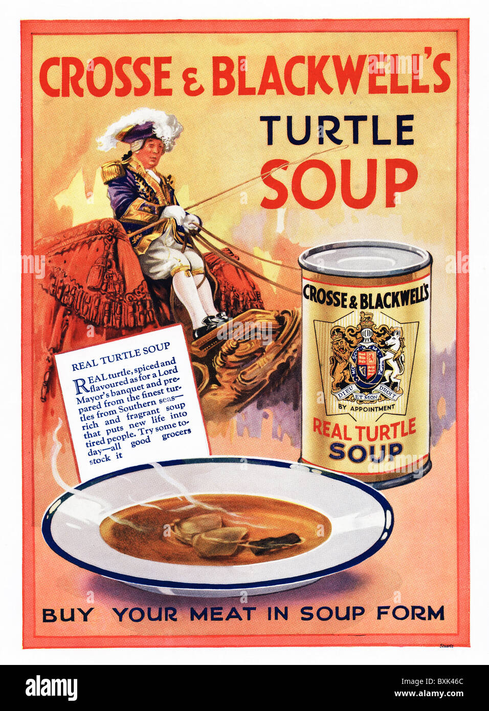 Pubblicità a colori a pagina intera per la zuppa di tartarughe vera di Crosse e Blackwell nella rivista femminile circa 1929 Foto Stock