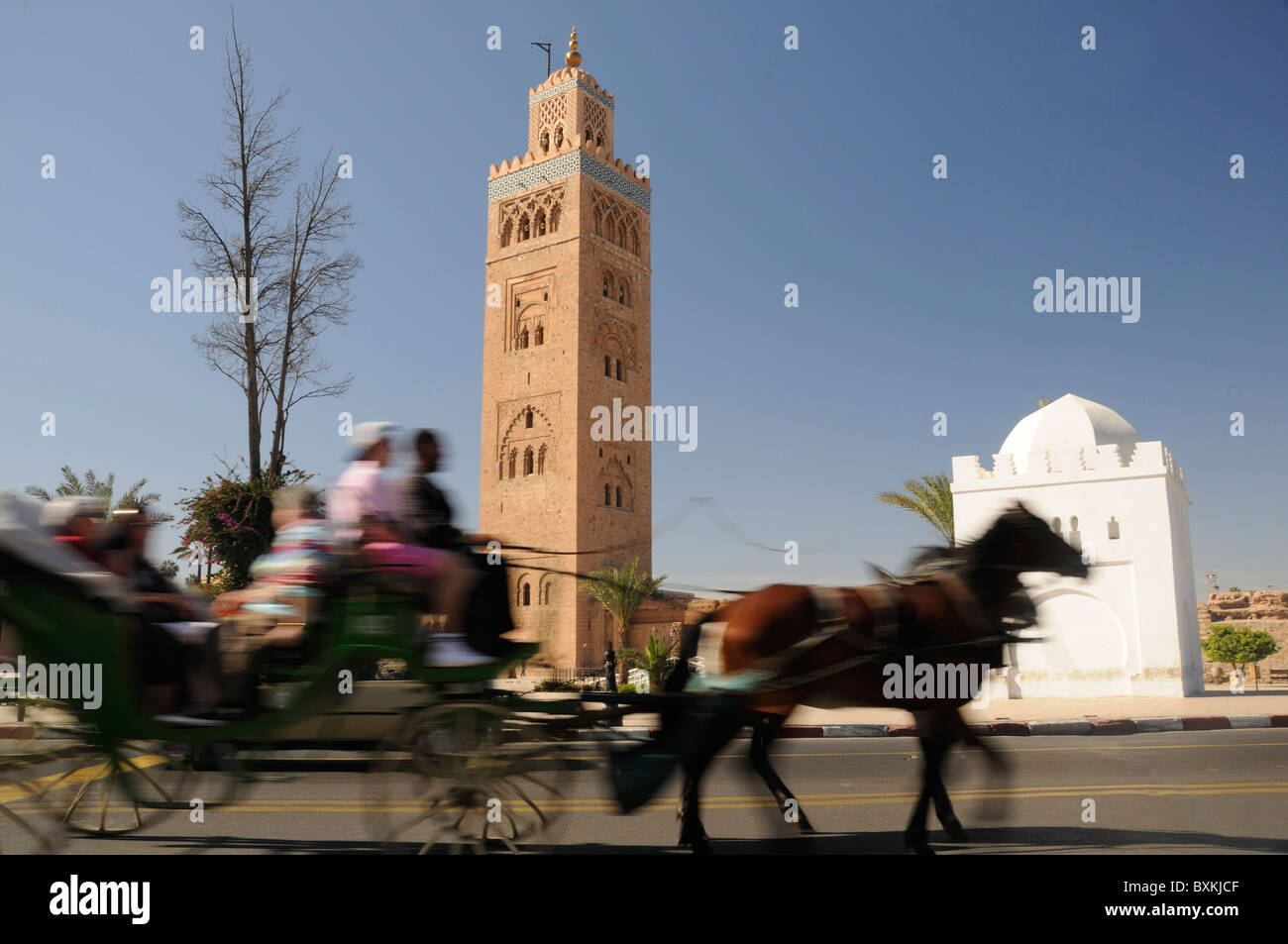 Vista su Ave Mohammed V alla Moschea di Koutoubia con tomba bianca di Fatima Zohra e traffico passante Foto Stock
