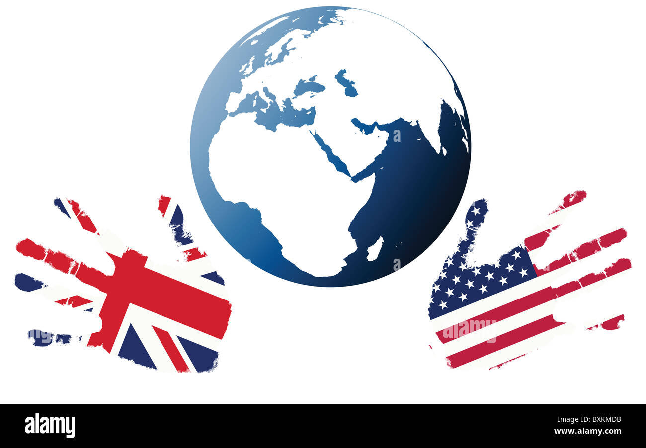 Globo terrestre stilizzato con bandiere di Stati Uniti e Regno Unito Foto Stock